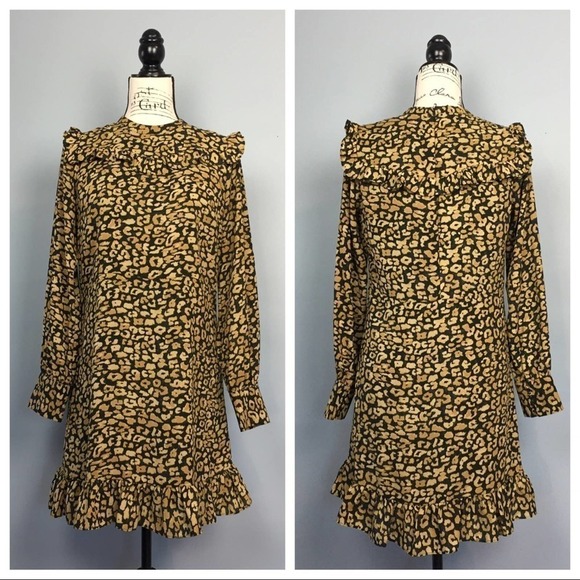 who What Wear Watercolor Cheetah Print Long Sleeve Ruffle Dress Women’s Size S - Picture 1 of 12
